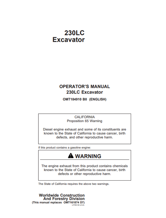 JOHN DEERE 230LC EXCAVATOR OPERATOR MANUAL OMT184910
