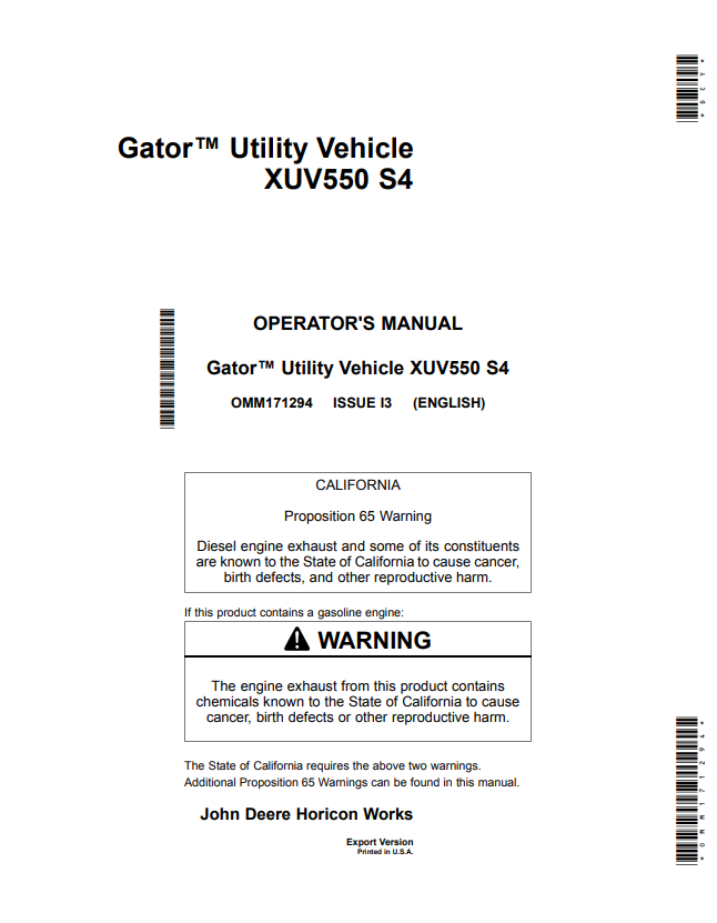 JOHN DEERE GATOR™ UTILITY VEHICLE XUV550 S4 OPERATOR MANUAL OMM171294