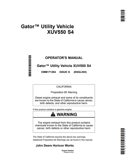 JOHN DEERE GATOR™ UTILITY VEHICLE XUV550 S4 OPERATOR MANUAL OMM171294