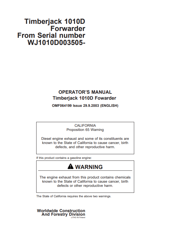 JOHN DEERE 1010D FORWARDER OPERATOR MANUAL OMF064199
