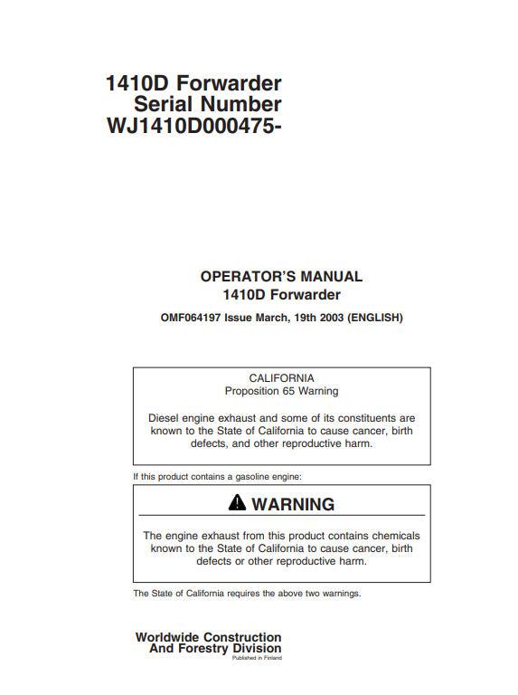JOHN DEERE 1410B FORWARDER OPERATOR MANUAL OMF064197