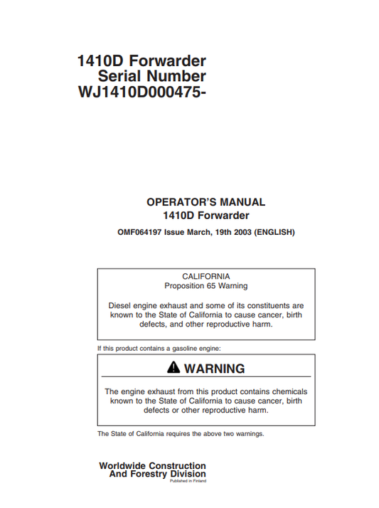 JOHN DEERE 1410B FORWARDER OPERATOR MANUAL OMF064197
