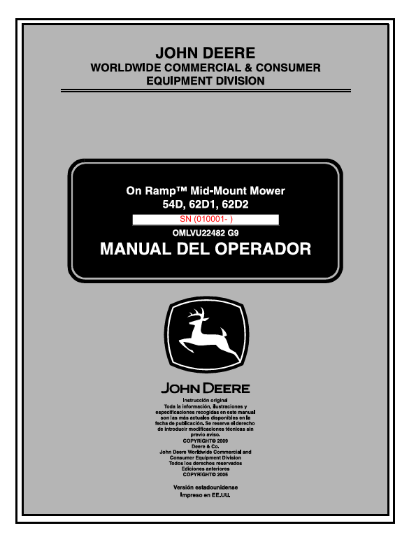 JOHN DEERE 54D, 62D1, 62D2 MID MOUNT MOWER OPERATOR MANUAL OMLVU22482