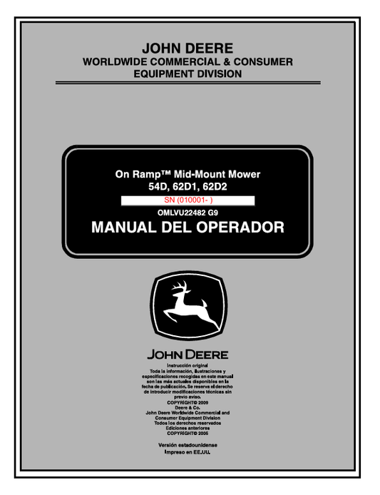 JOHN DEERE 54D, 62D1, 62D2 MID MOUNT MOWER OPERATOR MANUAL OMLVU22482