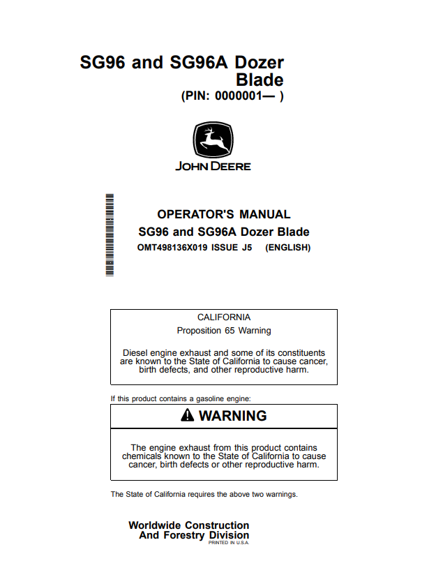 JOHN DEERE SG96 AND SG96A DOZER BLADE OPERATOR MANUAL OMT498136X019