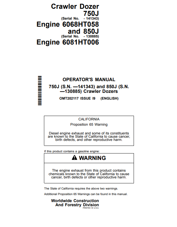 JOHN DEERE 750J AND 850J CRAWLER DOZER OPERATOR MANUAL OMT202117