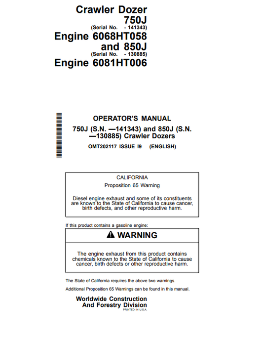 JOHN DEERE 750J AND 850J CRAWLER DOZER OPERATOR MANUAL OMT202117