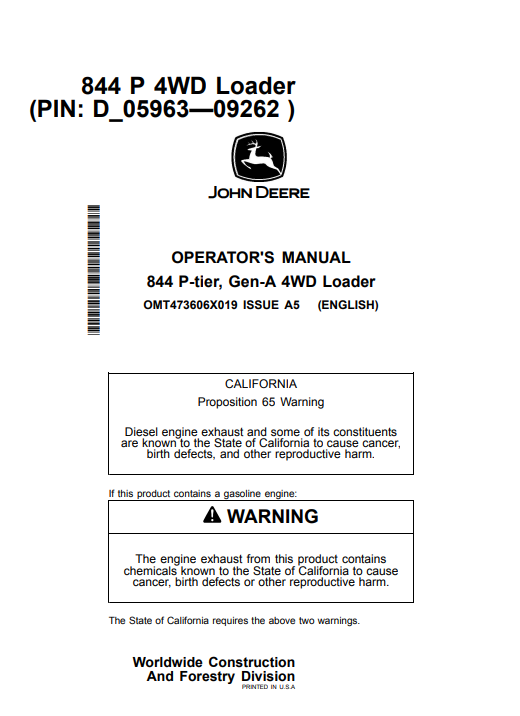 JOHN DEERE 844 P-TIER, GEN-A 4WD LOADER OPERATOR MANUAL OMT473606X019
