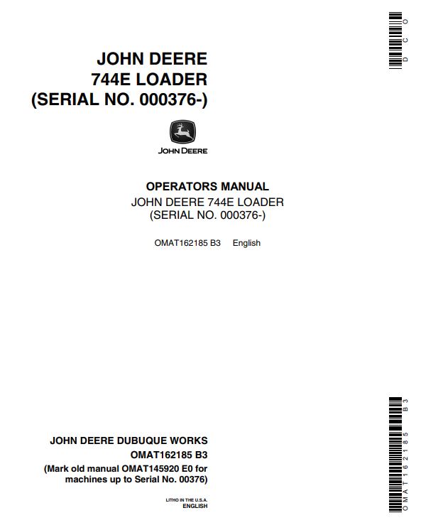 JOHN DEERE 744E LOADER OPERATOR MANUAL OMAT162185