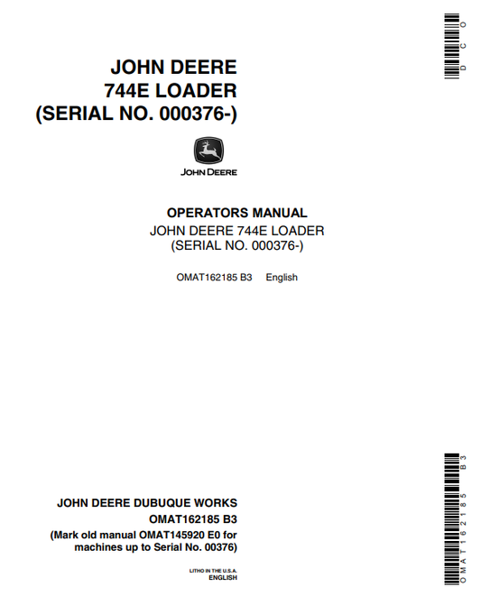 JOHN DEERE 744E LOADER OPERATOR MANUAL OMAT162185