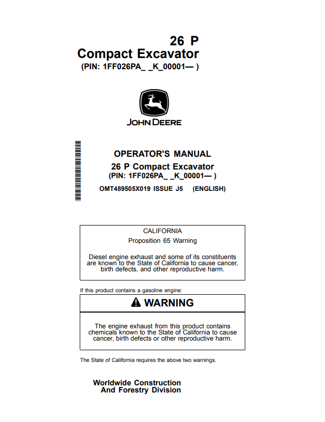 JOHN DEERE 26 P COMPACT EXCAVATOR OPERATOR MANUAL OMT489505X019