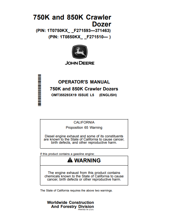 JOHN DEERE 750K AND 850K CRAWLER DOZER OPERATOR MANUAL OMT355293X19