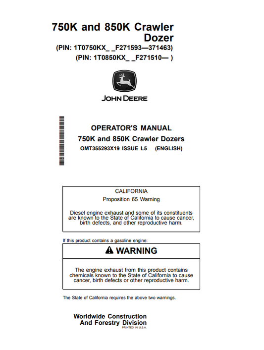 JOHN DEERE 750K AND 850K CRAWLER DOZER OPERATOR MANUAL OMT355293X19