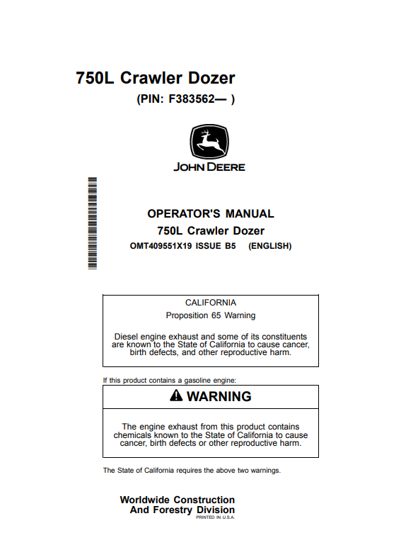 JOHN DEERE 750L CRAWLER DOZER OPERATOR MANUAL OMT409551X19