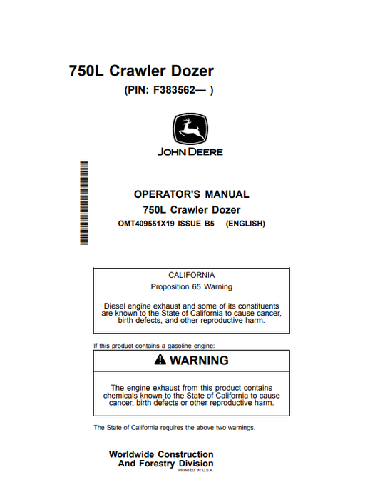 JOHN DEERE 750L CRAWLER DOZER OPERATOR MANUAL OMT409551X19