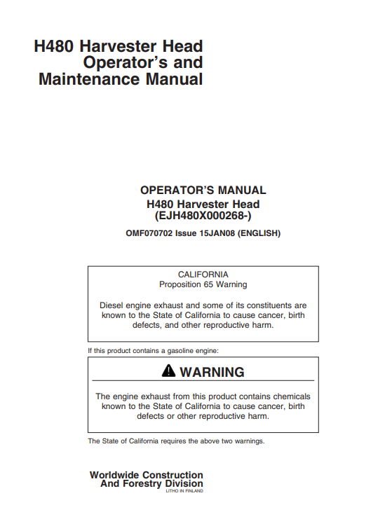 JOHN DEERE H480 HARVESTER HEAD OPERATOR AND MAINTENANCE MANUAL OMF070702