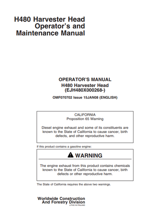 JOHN DEERE H480 HARVESTER HEAD OPERATOR AND MAINTENANCE MANUAL OMF070702