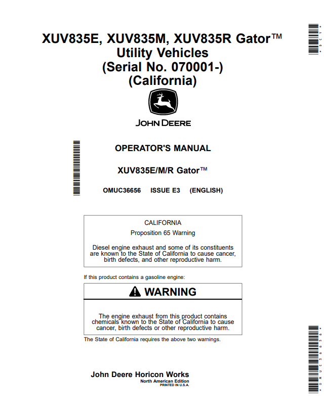 JOHN DEERE XUV835E, XUV835M, XUV835R GATOR™ UTILITY VEHICLES OPERATOR MANUAL OMUC36656