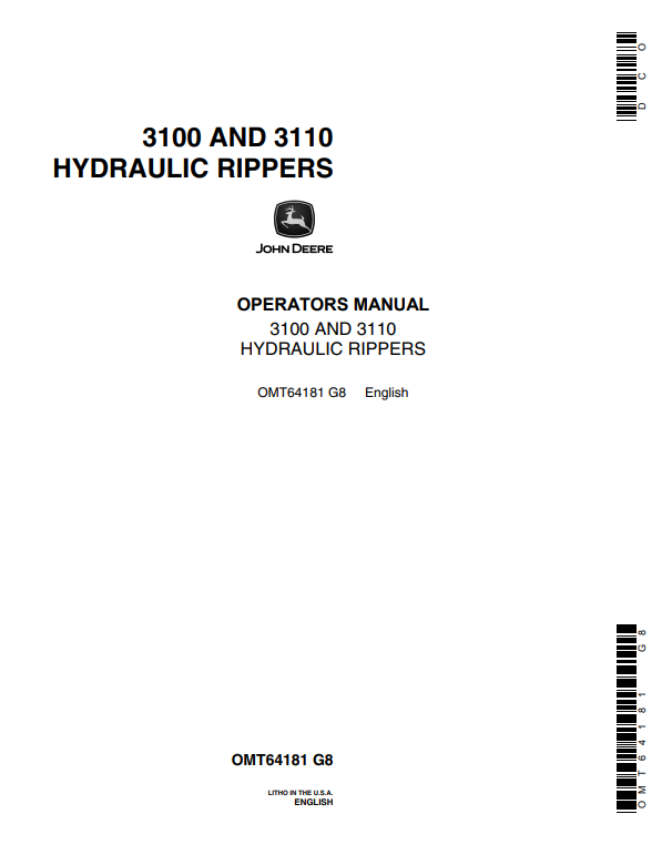 JOHN DEERE 3100 AND 3110 HYDRAULIC RIPPER OPERATOR MANUAL OMT64181
