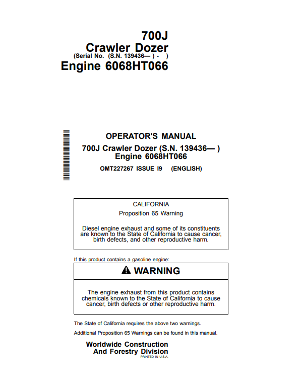 JOHN DEERE 700J CRAWLER DOZER OPERATOR MANUAL OMT227267