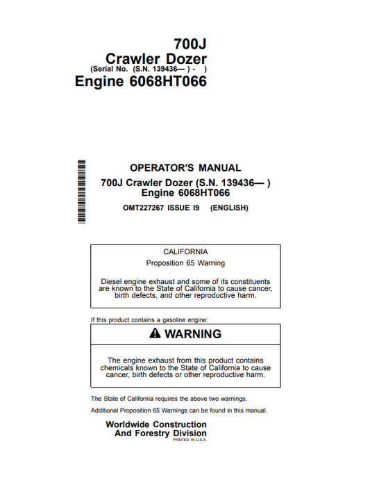 JOHN DEERE 700J CRAWLER DOZER OPERATOR MANUAL OMT227267