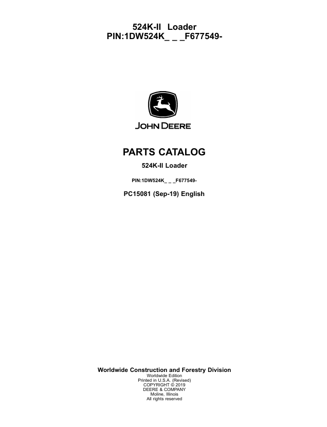 JOHN DEERE 524K-II LOADER PARTS CATALOG MANUAL PC15081