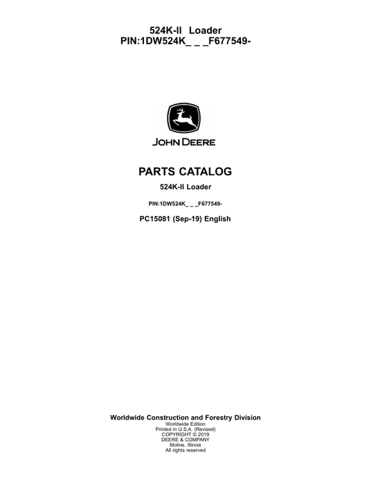 JOHN DEERE 524K-II LOADER PARTS CATALOG MANUAL PC15081