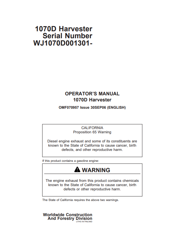 JOHN DEERE 1070D HARVESTER OPERATOR MANUAL OMF070957