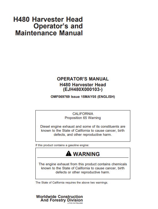 JOHN DEERE H480 HARVESTER HEAD OPERATOR AND MAINTENANCE MANUAL OMF069769