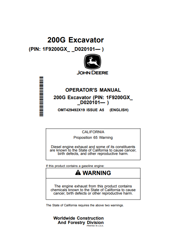 JOHN DEERE 200G EXCAVATOR OPERATOR MANUAL OMT429492X19