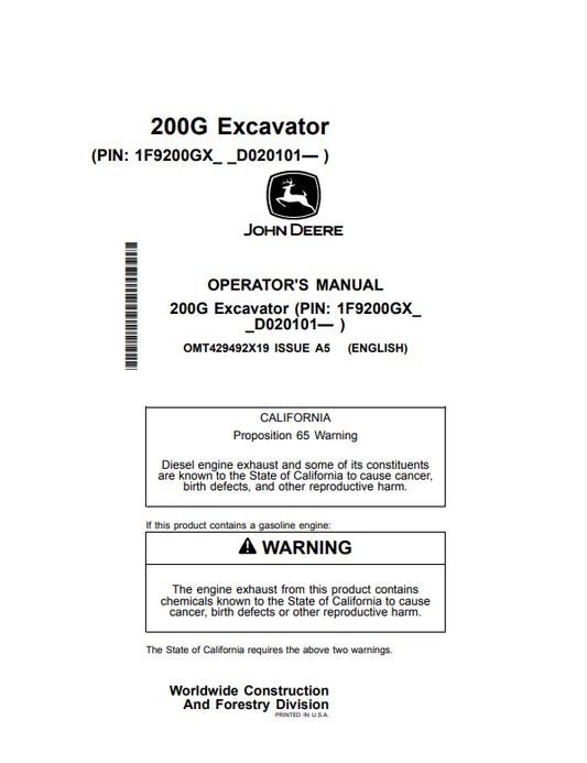 JOHN DEERE 200G EXCAVATOR OPERATOR MANUAL OMT429492X19