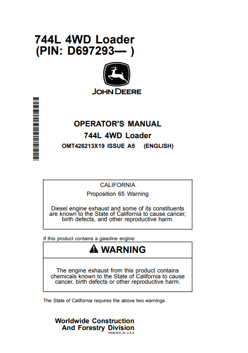 JOHN DEERE 744L 4WD LOADER OPERATOR MANUAL OMT426213X19