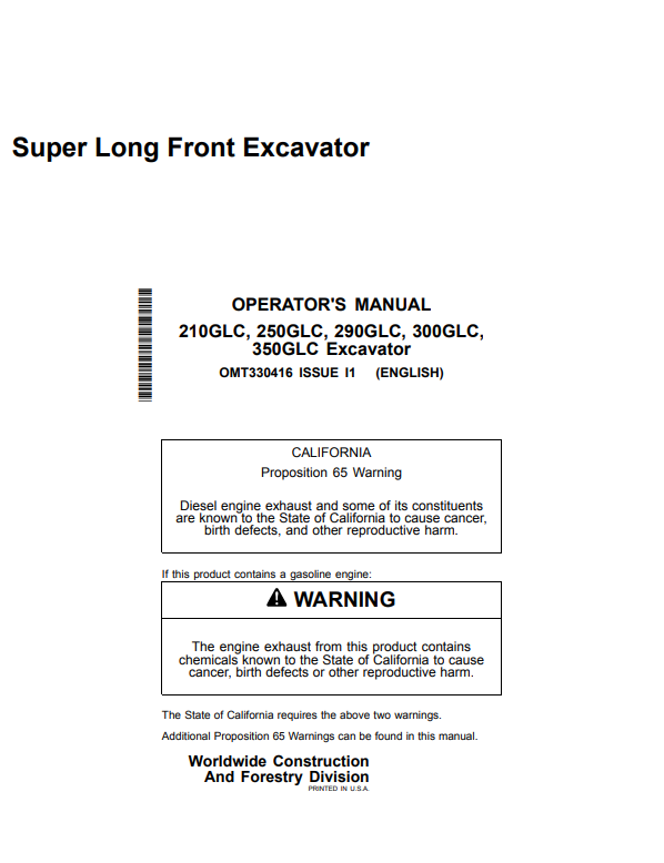 JOHN DEERE 210GLC, 250GLC, 290GLC, 300GLC, 350GLC SUPER LONG FRONT EXCAVATOR OPERATOR MANUAL OMT330416