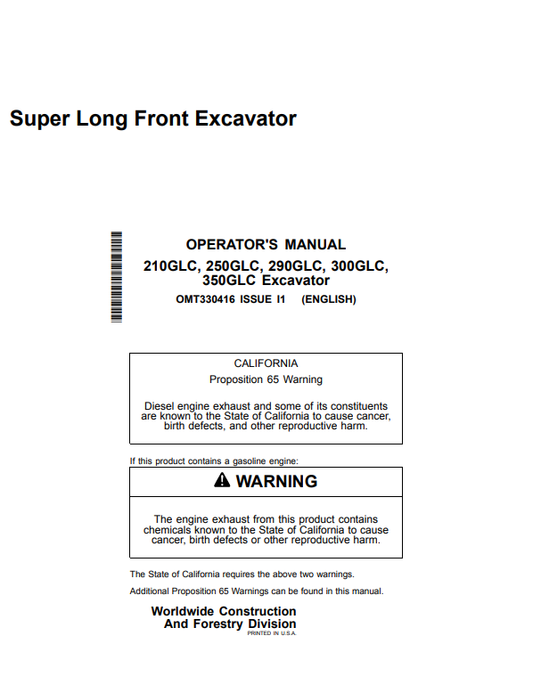 JOHN DEERE 210GLC, 250GLC, 290GLC, 300GLC, 350GLC SUPER LONG FRONT EXCAVATOR OPERATOR MANUAL OMT330416