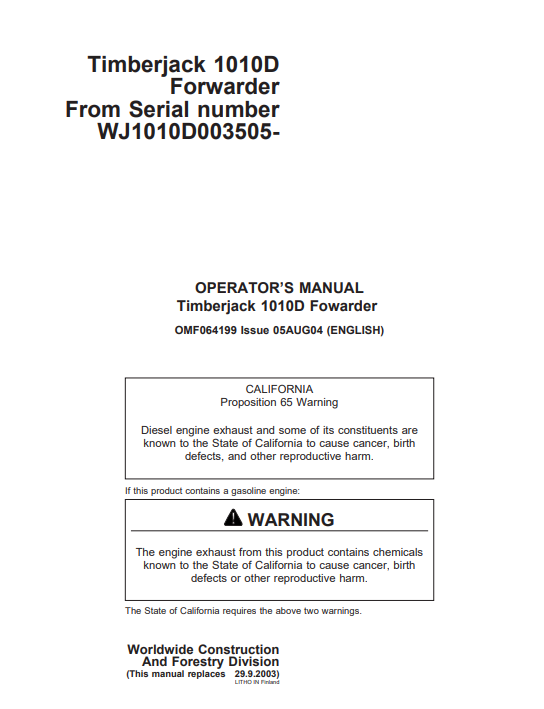 JOHN DEERE TIMBERJACK 1010B FORWARDER OPERATOR MANUAL OMF064199