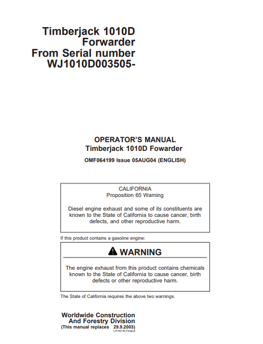 JOHN DEERE TIMBERJACK 1010B FORWARDER OPERATOR MANUAL OMF064199