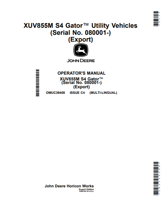 JOHN DEERE XUV855M S4 GATOR™ UTILITY VEHICLES OPERATOR MANUAL OMUC39408