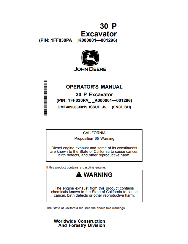 JOHN DEERE 30 P EXCAVATOR OPERATOR MANUAL OMT489506X019
