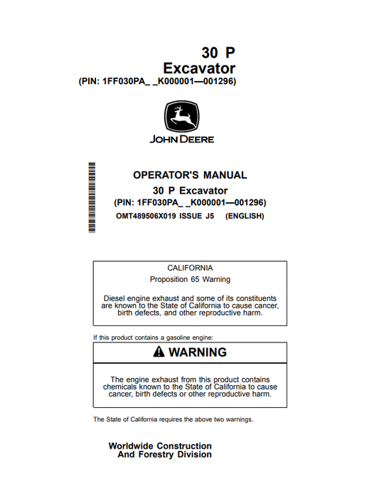 JOHN DEERE 30 P EXCAVATOR OPERATOR MANUAL OMT489506X019