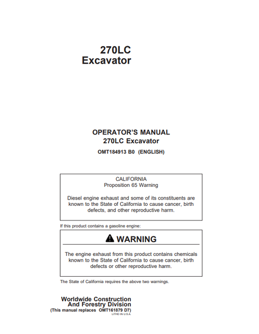 JOHN DEERE 270LC EXCAVATOR OPERATOR MANUAL OMT184913