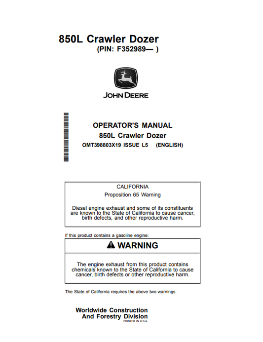 JOHN DEERE 850L CRAWLER DOZER OPERATOR MANUAL OMT398803X19