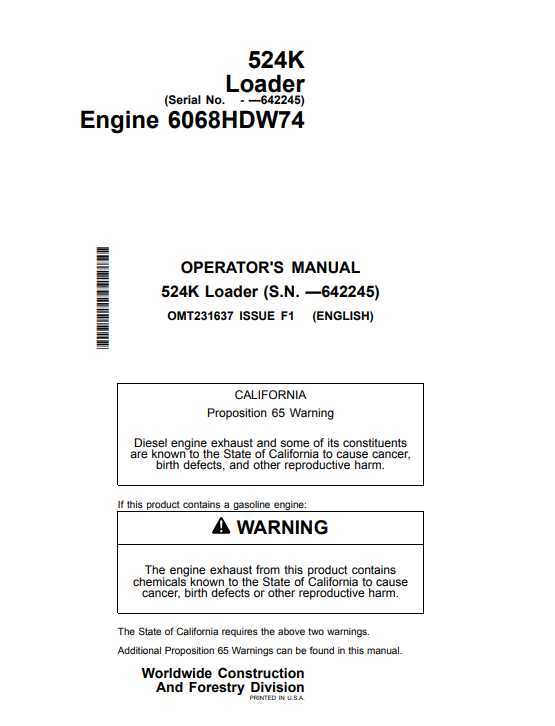 JOHN DEERE 524K LOADER OPERATOR MANUAL OMT231637
