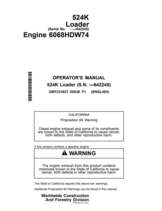 JOHN DEERE 524K LOADER OPERATOR MANUAL OMT231637