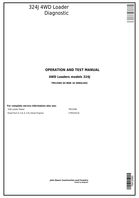 JOHN DEERE 324J 4WD LOADER DIAGNOSTIC OPERATION AND TEST MANUAL TM12585