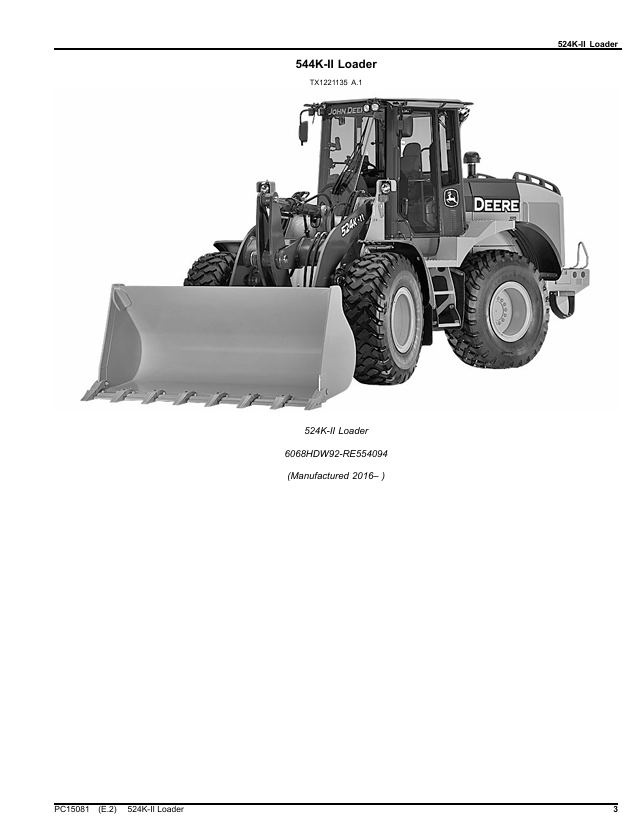 JOHN DEERE 524K-II LOADER PARTS CATALOG MANUAL PC15081