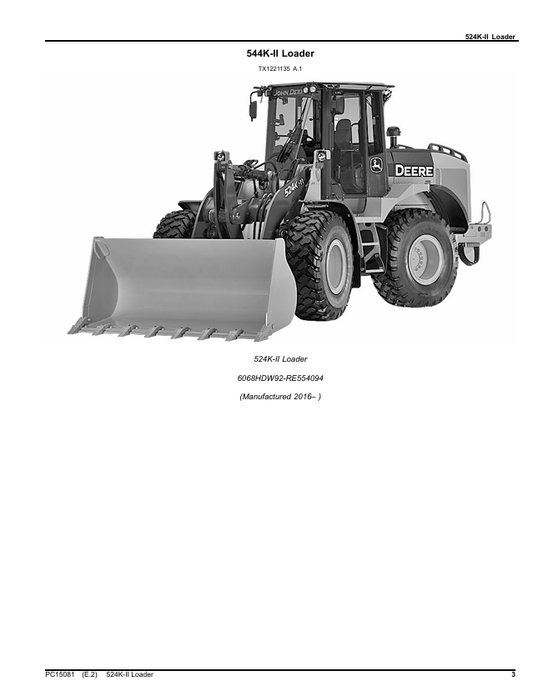 JOHN DEERE 524K-II LOADER PARTS CATALOG MANUAL PC15081