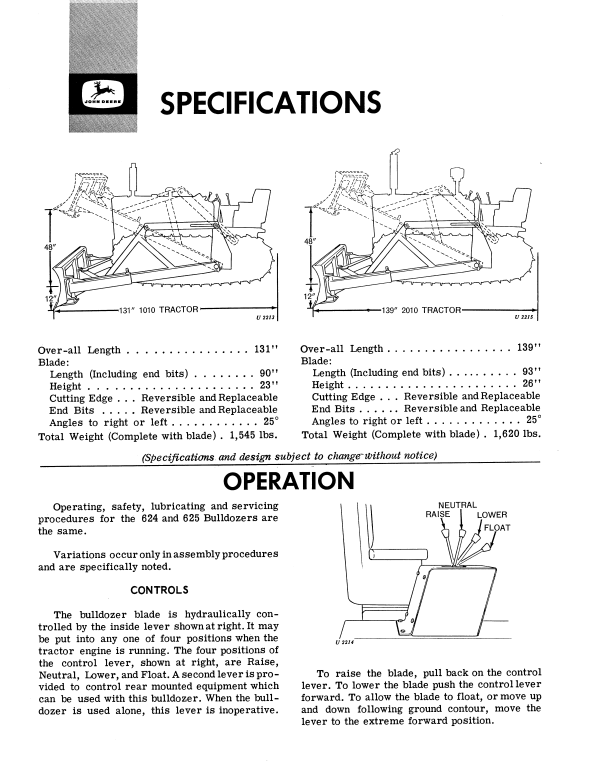 JOHN DEERE 624 AND 625 BULLDOZER OPERATOR MANUAL OMU13340