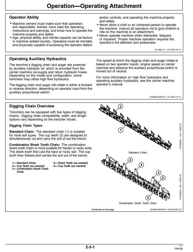 JOHN DEERE TR36B, TR48B, TR60B, TC36, TC48 HYDRAULIC TRENCHER OPERATOR MANUAL OMT213378