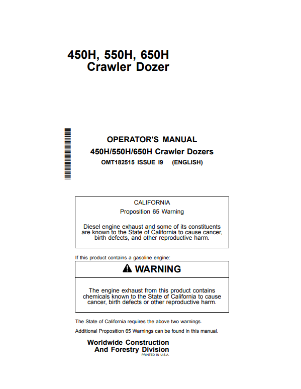 JOHN DEERE 450H, 550H, 650H CRAWLER DOZER OPERATOR MANUAL OMT182515