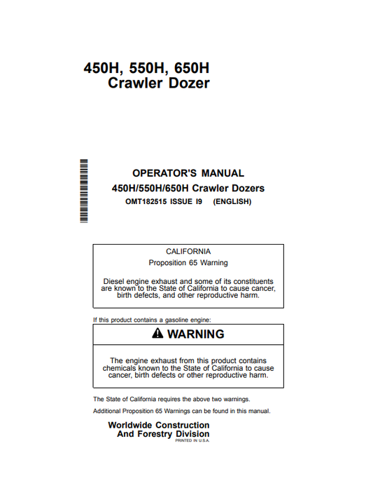 JOHN DEERE 450H, 550H, 650H CRAWLER DOZER OPERATOR MANUAL OMT182515